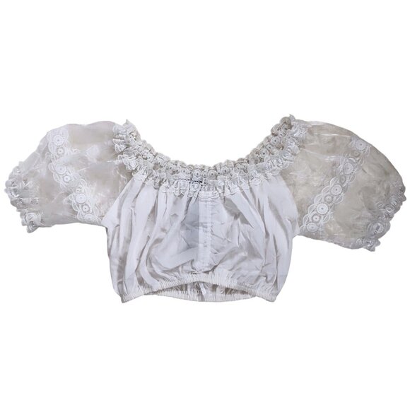 Womens White Cotton Cottagecore Boho Puff Sleeve Cropped Lace Blouse / Medium - Picture 5 of 8